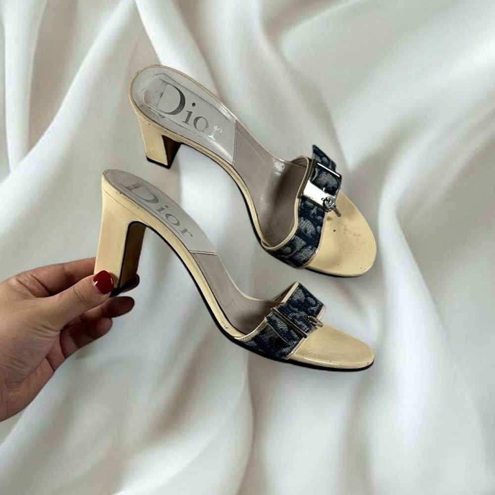 Christian Dior by John Galliano blue Oblique monogram kitten heel mules mini key